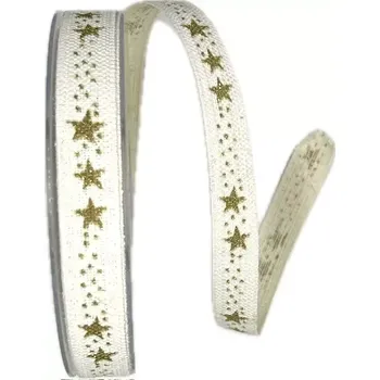 Stuha Vánoční stuha lněná STAR CHAIN WHITE bílá 15mm x 20m ( 6,- Kč/m) (Stuha vánoční, lněná, bílá, jednostranný zlatý potisk s jemným zlatým glitrovým efektemn)
