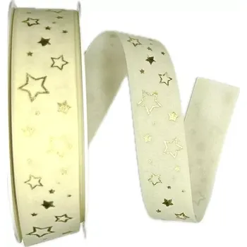 Stuha Vánoční stuha sametová VELUTTO STARS CREAM krémová 25mm x 20m (9,-Kč/m) (Stuha vánoční, sametová, krémová, jednostranný zlatý potisk)