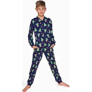 Chlapecké pyžamo Cornette Dětská chlapecká kombinéza 185/168 Vánoční stromeček 2 d/r 86-128 tmavě modrá 86-92