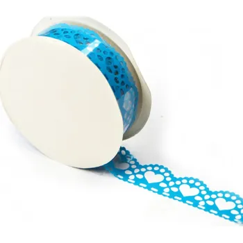 Stuha Samolepicí krajka - růžové mašličky, modrá srdce 1,8 cm x 1 m