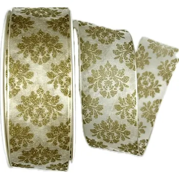 Stuha Vánoční stuha organzová ROYAL NIGHT CREME 40mm x 20m (9,90Kč/m) (Vánoční stuha organzová, krémová, oboustranná, glitrový potisk, transparentní, s vlascem v lemu)