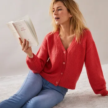 Dámská móda Propínací svetr s výstřihem do V korálová 46/48