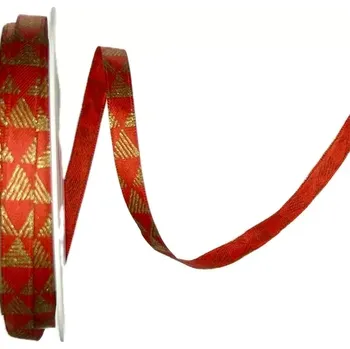 Stuha Vánoční saténová stuha TRIANGEL RED červená 10mm x 20m (5,50Kč/m) (Vánoční stužka tenká, saténová, barva červená, jednostranný zlatý potisk)