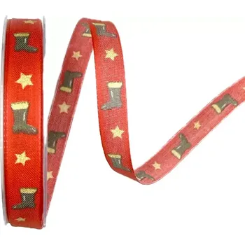 Stuha Stuha vánoční WINTER BOOTS RED červená 15mm x 20m (5,50Kč/m) (Vánoční stuha bavlněná, červená, potisk bota, s vlascem v lemu)
