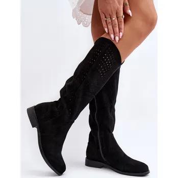 Dámská móda Ažurové kozačky HY66-150 192098 černé - Step in style 38