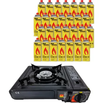 Turistický vařič ALPEN CAMPING KD10499 PŘENOSNÝ PLYNOVÝ VAŘIČ + 28x kartuše Černá