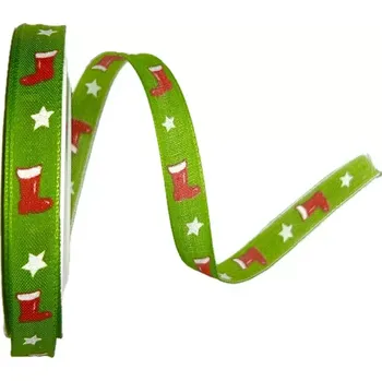 Stuha Stuha vánoční WINTER BOOTS GREEN zelená 15mm x 20m (5,50Kč/m) (Vánoční stuha bavlněná, zelená, potisk bota, s vlascem v lemu)
