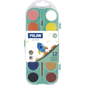 Vodová barva Vodové barvy pastelové MILAN průměr 30 mm 12 barev se štětcem