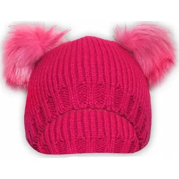 Módní doplněk Zimní pletená čepice s chlupáčkovými bambulkami - MEDVÍDEK malinová - 2-6let
