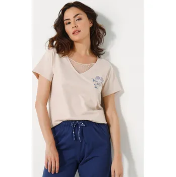 Dámské noční prádlo Pyžamové tričko s krátkými rukávy a potiskem květin písková 46/48