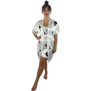 Dámská noční košile VÝPRODEJ - Saténová noční košilka se županem - BÍLÁ s pejsky