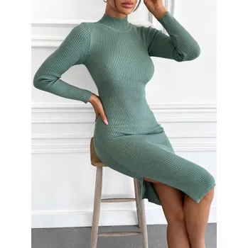 Dámské šaty Pletené dlouhé šaty s rozparkem Barva: Zelená, Velikostní tabulka: L