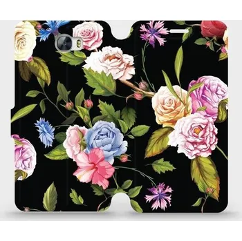 Pouzdro na mobilní telefon Flipové pouzdro Mobiwear - Huawei Y5 II - VD07S Růže a květy na černém pozadí (Knížkové flip pouzdro, obal, kryt na mobil Huawei Y5 II - VD07S Růže a květy na černém pozadí, materiál Umělá kůže + TPU - ochrana 360°, stojánek, silikonová vanička, magnetick