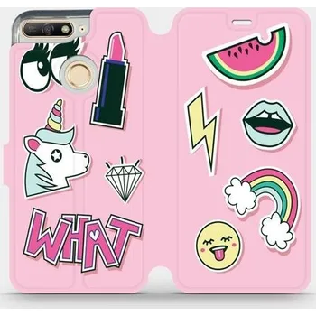 Pouzdro na mobilní telefon Flipové pouzdro Mobiwear - Honor 7A - M129S Růžové WHAT (Knížkové flip pouzdro, obal, kryt na mobil Honor 7A - M129S Růžové WHAT, materiál Umělá kůže + TPU - ochrana 360°, stojánek, silikonová vanička, magnetické zavírání)