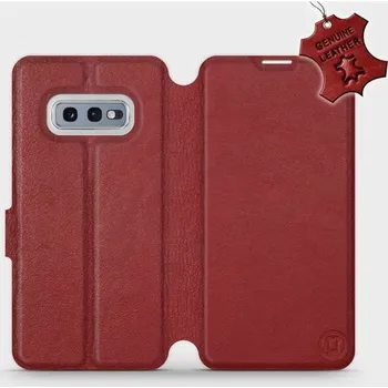 Pouzdro na mobilní telefon Kožené flip pouzdro Mobiwear - Samsung Galaxy S10e - Tmavě červené (Kožené knížkové pouzdro, obal, kryt na mobil Samsung Galaxy S10e, Tmavě červené, materiál Genuine Leather, ochrana 360°, stojánek, silikonová vanička, magnetické zavírání)