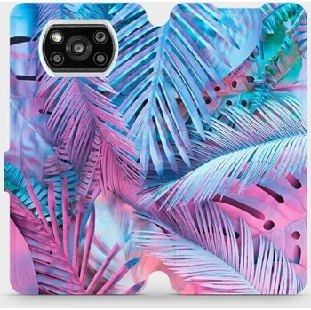 Pouzdro na mobilní telefon Flipové pouzdro Mobiwear - Xiaomi Poco X3 Pro - MG10S Fialové a modré listy (Knížkové flip pouzdro, obal, kryt na mobil Xiaomi Poco X3 Pro - MG10S Fialové a modré listy, materiál Umělá kůže + TPU - ochrana 360°, stojánek, silikonová vanička, magnetické)