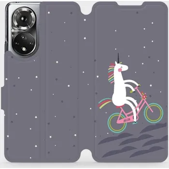 Pouzdro na mobilní telefon Flipové pouzdro Mobiwear - Honor 50 - V024P Jednorožec na kole (Knížkové flip pouzdro, obal, kryt na mobil Honor 50 - V024P Jednorožec na kole, materiál Umělá kůže + TPU - ochrana 360°, stojánek, silikonová vanička, magnetické zavírání)