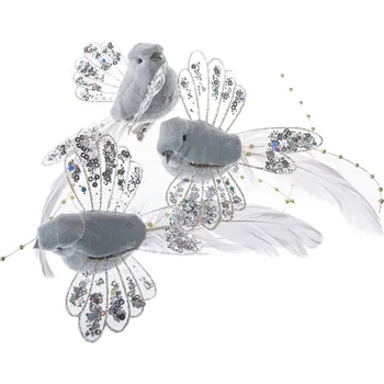 Vánoce Sada šedých ptáčků s klipem, 14 cm, 3ks, šedá