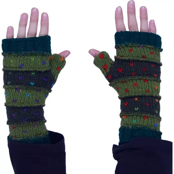 Rukavice Vlněné bezprstové rukavice Rainbow Hearts Green Stripes
