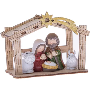 Vánoční dekorace Betlém se svatou rodinou, 9,5 x 7,2 x 6 cm, dřevo a polyresin, přírodní