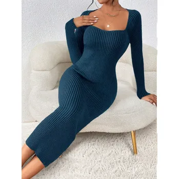 Dámské šaty Dámské dlouhé pletené žebrované šaty Barva: Modrá, Velikostní tabulka: M