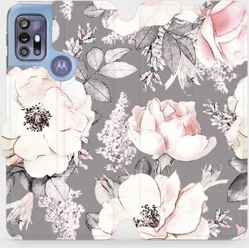 Pouzdro na mobilní telefon Flipové pouzdro Mobiwear - Motorola Moto G30 - MX06S Květy na šedém pozadí (Knížkové flip pouzdro, obal, kryt na mobil Motorola Moto G30 - MX06S Květy na šedém pozadí, materiál Umělá kůže + TPU - ochrana 360°, stojánek, silikonová vanička, magnetické)