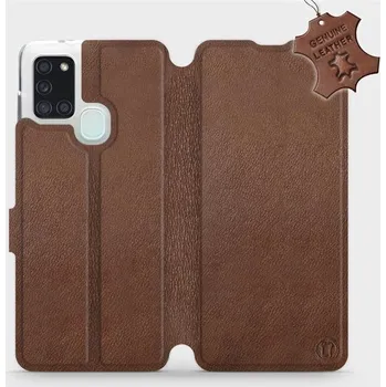 Pouzdro na mobilní telefon Kožené flip pouzdro Mobiwear - Samsung Galaxy A21S - Hnědé (Kožené knížkové pouzdro, obal, kryt na mobil Samsung Galaxy A21S, Hnědé, materiál Genuine Leather, ochrana 360°, stojánek, silikonová vanička, magnetické zavírání)