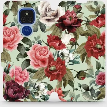 Pouzdro na mobilní telefon Flipové pouzdro Mobiwear - Motorola Moto E7 Plus - MD06P Růže a květy na světle zeleném pozadí (Knížkové flip pouzdro, obal, kryt na mobil Motorola Moto E7 Plus - MD06P Růže a květy na světle zeleném pozadí, materiál Umělá kůže + TPU - ochrana 360°,)