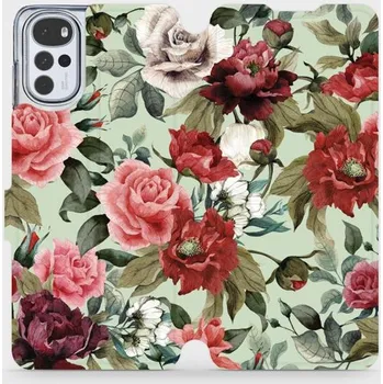 Pouzdro na mobilní telefon Flipové pouzdro Mobiwear - Motorola Moto G22 - MD06P Růže a květy na světle zelené (Knížkové flip pouzdro, obal, kryt na mobil Motorola Moto G22 - MD06P Růže a květy na světle zelené, materiál Umělá kůže + TPU - ochrana 360°, stojánek, silikonová vanička,