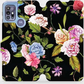 Pouzdro na mobilní telefon Flipové pouzdro Mobiwear - Motorola Moto G30 - VD07S Růže a květy na černém pozadí (Knížkové flip pouzdro, obal, kryt na mobil Motorola Moto G30 - VD07S Růže a květy na černém pozadí, materiál Umělá kůže + TPU - ochrana 360°, stojánek, silikonová vanička,