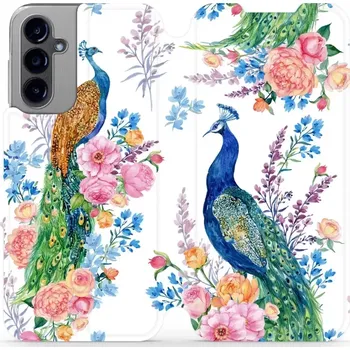 Pouzdro na mobilní telefon Flipové pouzdro Mobiwear - Samsung Galaxy A14 LTE / 5G - MX08S Pávi (Knížkové flip pouzdro, obal, kryt na mobil Samsung Galaxy A14 LTE / 5G - MX08S Pávi, materiál Umělá kůže + TPU - ochrana 360°, stojánek, silikonová vanička, magnetické zavírání)