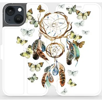 Pouzdro na mobilní telefon Flipové pouzdro Mobiwear - Apple iPhone 13 - M001P Lapač a motýlci (Knížkové flip pouzdro, obal, kryt na mobil Apple iPhone 13 - M001P Lapač a motýlci, materiál Umělá kůže + TPU - ochrana 360°, stojánek, silikonová vanička, magnetické zavírání)