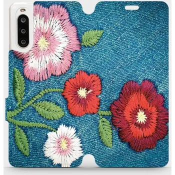 Pouzdro na mobilní telefon Flipové pouzdro Mobiwear - Sony Xperia 10 II - MD05P Džínové květy (Knížkové flip pouzdro, obal, kryt na mobil Sony Xperia 10 II - MD05P Džínové květy, materiál Umělá kůže + TPU - ochrana 360°, stojánek, silikonová vanička, magnetické zavírání)
