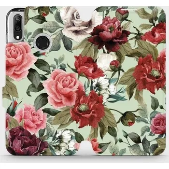 Pouzdro na mobilní telefon Flipové pouzdro Mobiwear - Huawei Y7 2019 - MD06P Růže a květy na světle zeleném pozadí (Knížkové flip pouzdro, obal, kryt na mobil Huawei Y7 2019 - MD06P Růže a květy na světle zeleném pozadí, materiál Umělá kůže + TPU - ochrana 360°, stojánek, silikonov