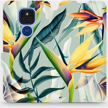 Pouzdro na mobilní telefon Flipové pouzdro Mobiwear - Motorola Moto E7 Plus - MC02S Žluté velké květy a zelené listy (Knížkové flip pouzdro, obal, kryt na mobil Motorola Moto E7 Plus - MC02S Žluté velké květy a zelené listy, materiál Umělá kůže + TPU - ochrana 360°, stojánek,)
