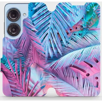Pouzdro na mobilní telefon Flipové pouzdro Mobiwear - Asus Zenfone 9 - MG10S Fialové a modré listy (Knížkové flip pouzdro, obal, kryt na mobil Asus Zenfone 9 - MG10S Fialové a modré listy, materiál Umělá kůže + TPU - ochrana 360°, stojánek, silikonová vanička, magnetické zavírání)