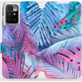 Pouzdro na mobilní telefon Flipové pouzdro Mobiwear - Xiaomi Redmi 10 - MG10S Fialové a modré listy (Knížkové flip pouzdro, obal, kryt na mobil Xiaomi Redmi 10 - MG10S Fialové a modré listy, materiál Umělá kůže + TPU - ochrana 360°, stojánek, silikonová vanička, magnetické zavírání