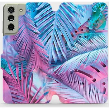 Pouzdro na mobilní telefon Flipové pouzdro Mobiwear - Samsung Galaxy S21 FE - MG10S Fialové a modré listy (Knížkové flip pouzdro, obal, kryt na mobil Samsung Galaxy S21 FE - MG10S Fialové a modré listy, materiál Umělá kůže + TPU - ochrana 360°, stojánek, silikonová vanička,)