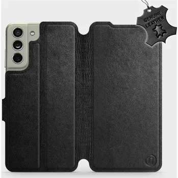 Pouzdro na mobilní telefon Kožené flip pouzdro Mobiwear - Samsung Galaxy S21 FE - Černé (Kožené knížkové pouzdro, obal, kryt na mobil Samsung Galaxy S21 FE, Černé, materiál Genuine Leather, ochrana 360°, stojánek, silikonová vanička, magnetické zavírání)