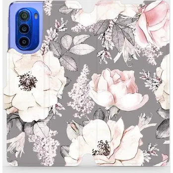 Pouzdro na mobilní telefon Flipové pouzdro Mobiwear - Motorola Moto G51 5G - MX06S Květy na šedém pozadí (Knížkové flip pouzdro, obal, kryt na mobil Motorola Moto G51 5G - MX06S Květy na šedém pozadí, materiál Umělá kůže + TPU - ochrana 360°, stojánek, silikonová vanička, magnetick
