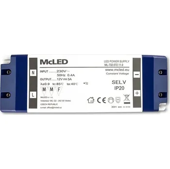 Napájecí zdroj pro osvětlení LED zdroj napájecí 12V DC 60W 5,0A plast IP20 svorkovnice McLED