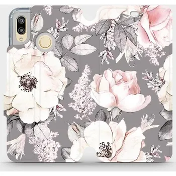 Pouzdro na mobilní telefon Flipové pouzdro Mobiwear - Huawei P20 Lite - MX06S Květy na šedém pozadí (Knížkové flip pouzdro, obal, kryt na mobil Huawei P20 Lite - MX06S Květy na šedém pozadí, materiál Umělá kůže + TPU - ochrana 360°, stojánek, silikonová vanička, magnetické zavírání