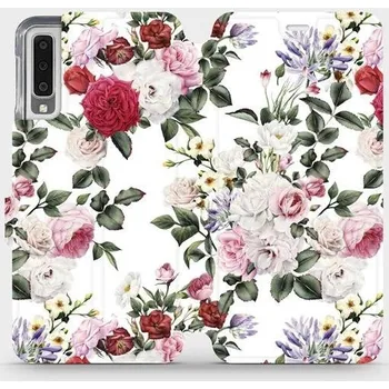 Pouzdro na mobilní telefon Flipové pouzdro Mobiwear - Samsung Galaxy A7 2018 - MD01S Růže na bílé (Knížkové flip pouzdro, obal, kryt na mobil Samsung Galaxy A7 2018 - MD01S Růže na bílé, materiál Umělá kůže + TPU - ochrana 360°, stojánek, silikonová vanička, magnetické zavírání)