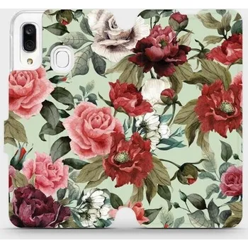 Pouzdro na mobilní telefon Flipové pouzdro Mobiwear - Samsung Galaxy A40 - MD06P Růže a květy na světle zeleném pozadí (Knížkové flip pouzdro, obal, kryt na mobil Samsung Galaxy A40 - MD06P Růže a květy na světle zeleném pozadí, materiál Umělá kůže + TPU - ochrana 360°, stojánek,)