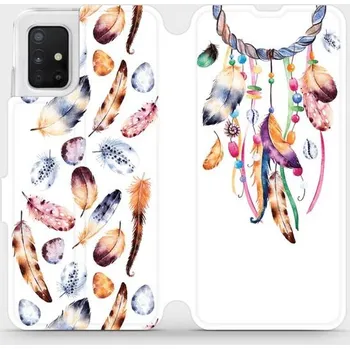 Pouzdro na mobilní telefon Flipové pouzdro Mobiwear - Samsung Galaxy A51 - M003S Lapač a barevná pírka (Knížkové flip pouzdro, obal, kryt na mobil Samsung Galaxy A51 - M003S Lapač a barevná pírka, materiál Umělá kůže + TPU - ochrana 360°, stojánek, silikonová vanička, magnetické)