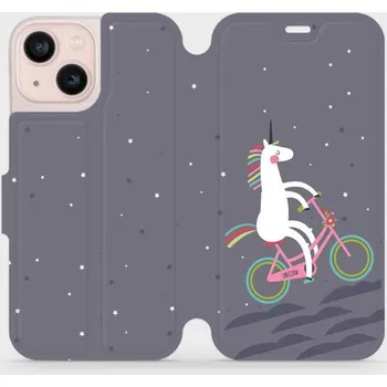 Pouzdro na mobilní telefon Flipové pouzdro Mobiwear - Apple iPhone 13 Mini - V024P Jednorožec na kole (Knížkové flip pouzdro, obal, kryt na mobil Apple iPhone 13 Mini - V024P Jednorožec na kole, materiál Umělá kůže + TPU - ochrana 360°, stojánek, silikonová vanička, magnetické)