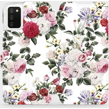 Pouzdro na mobilní telefon Flipové pouzdro Mobiwear - Samsung Galaxy A02s - MD01S Růže na bílé (Knížkové flip pouzdro, obal, kryt na mobil Samsung Galaxy A02s - MD01S Růže na bílé, materiál Umělá kůže + TPU - ochrana 360°, stojánek, silikonová vanička, magnetické zavírání)