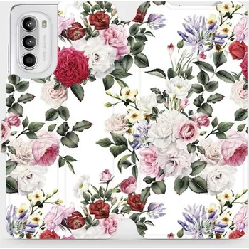 Pouzdro na mobilní telefon Flipové pouzdro Mobiwear - Motorola Moto G52 - MD01S Růže na bílé (Knížkové flip pouzdro, obal, kryt na mobil Motorola Moto G52 - MD01S Růže na bílé, materiál Umělá kůže + TPU - ochrana 360°, stojánek, silikonová vanička, magnetické zavírání)