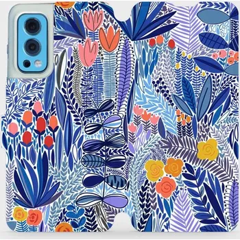 Pouzdro na mobilní telefon Flipové pouzdro Mobiwear - OnePlus Nord 2 5G - MP03P Modrá květena (Knížkové flip pouzdro, obal, kryt na mobil OnePlus Nord 2 5G - MP03P Modrá květena, materiál Umělá kůže + TPU - ochrana 360°, stojánek, silikonová vanička, magnetické zavírání)