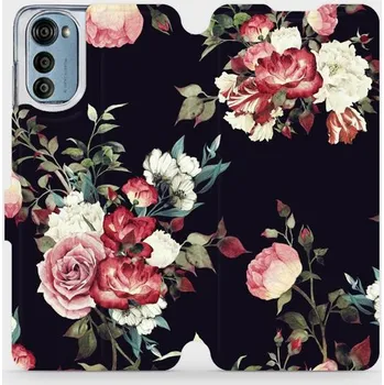 Pouzdro na mobilní telefon Flipové pouzdro Mobiwear - Motorola Moto E32s - VD11P Růže na černé (Knížkové flip pouzdro, obal, kryt na mobil Motorola Moto E32s - VD11P Růže na černé, materiál Umělá kůže + TPU - ochrana 360°, stojánek, silikonová vanička, magnetické zavírání)